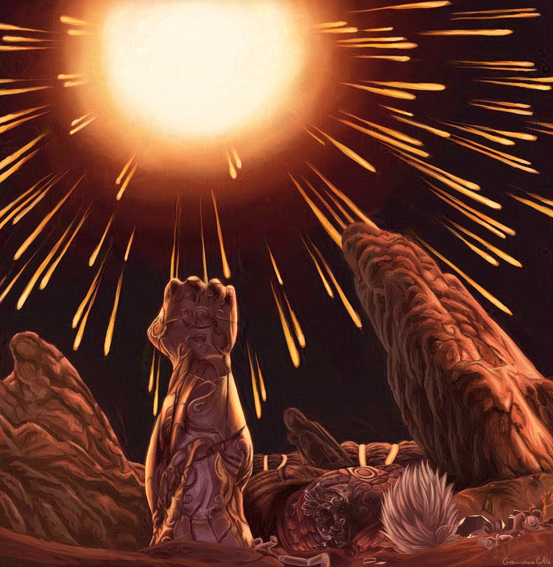Digital redrawing of a camera pan from Asura's Wrath. Fireballs rain down from the sky, with Asura lying face down on the ground on the right and one of his metal arms standing upright in the center.