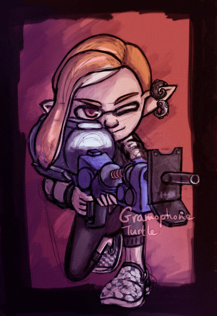 Digital Art of Hazuki Miakgi from NEO The World Ends With You as an inkling from Splatoon 3. He is kneeling and aiming the E-liter 4k sniper weapon in the direction towards the viewer. He has orange colored hair tied back, with one large bang on his right side. He's wearing a black and silver earring, a black and white jacket, and black and white patterned slip-ons.