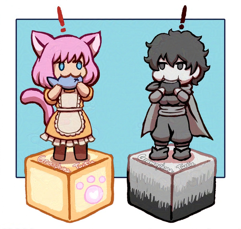 Digital art of the protagonists of Super Puzzled Cat and Gray from Void Stranger looking at each other and eating a snack. The SPC protagonist is standing on a pay print block, eating a blue fish and Lady Gray is standing on a white block turning to black and is eating a grey apple.
