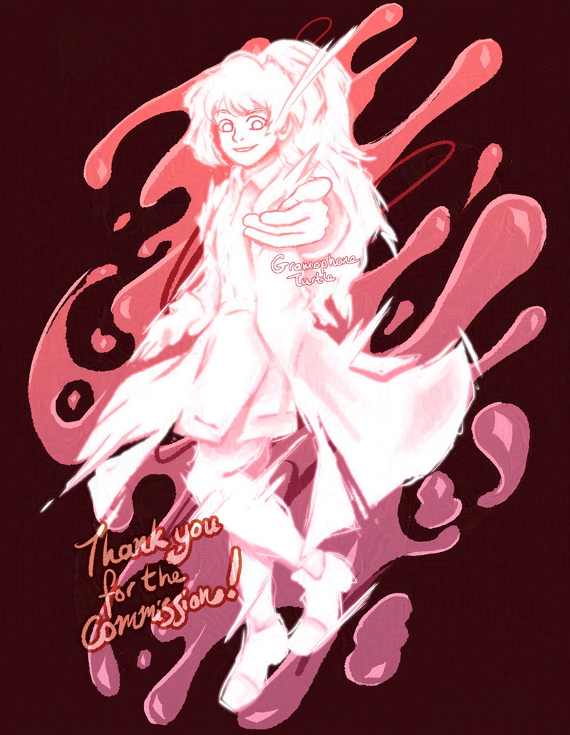 Digital art of Carmen from Lobotomy Corporation in a glowing spirit-like form resembling the Composer's form from The World Ends With You. Her form is blurred and vaguely defined except for her face with an unsettling smile, and her hand extending to the viewer. Her aura has a more liquid, blood-like form, with diamond-like pupils embedded at the droplet-like edges.