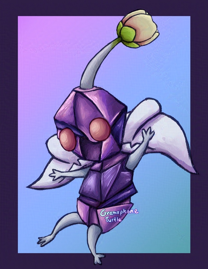Digital art of my OC, Mother, as a Pikmin. Her body is like a purple obsidian rock with a closed yellow and pink flower coming off her head. She's wearing her light blue suit jacket over her shoulders.