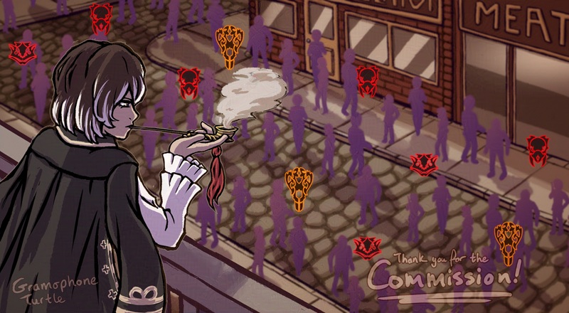 Digital art of a cross over of Moses from Distortion Detective and The World Ends With You. Moses is smoking her pipe on a balcony, looking at the street below at silhouettes of humans and Noise floating around. Her expression is neutral, she's merely observing something that's familiar to her.