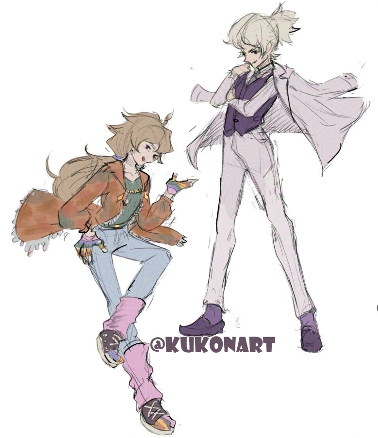 Digital art sketches of my OCs, Father and Mother, by Kukon, edited by me to add KukuonArt's handle. Father has one leg crossed over his knee and a hand on his hip and the other riased up. Mother stands imposingly, arms half crossed with one hand brought up to the side of her face.