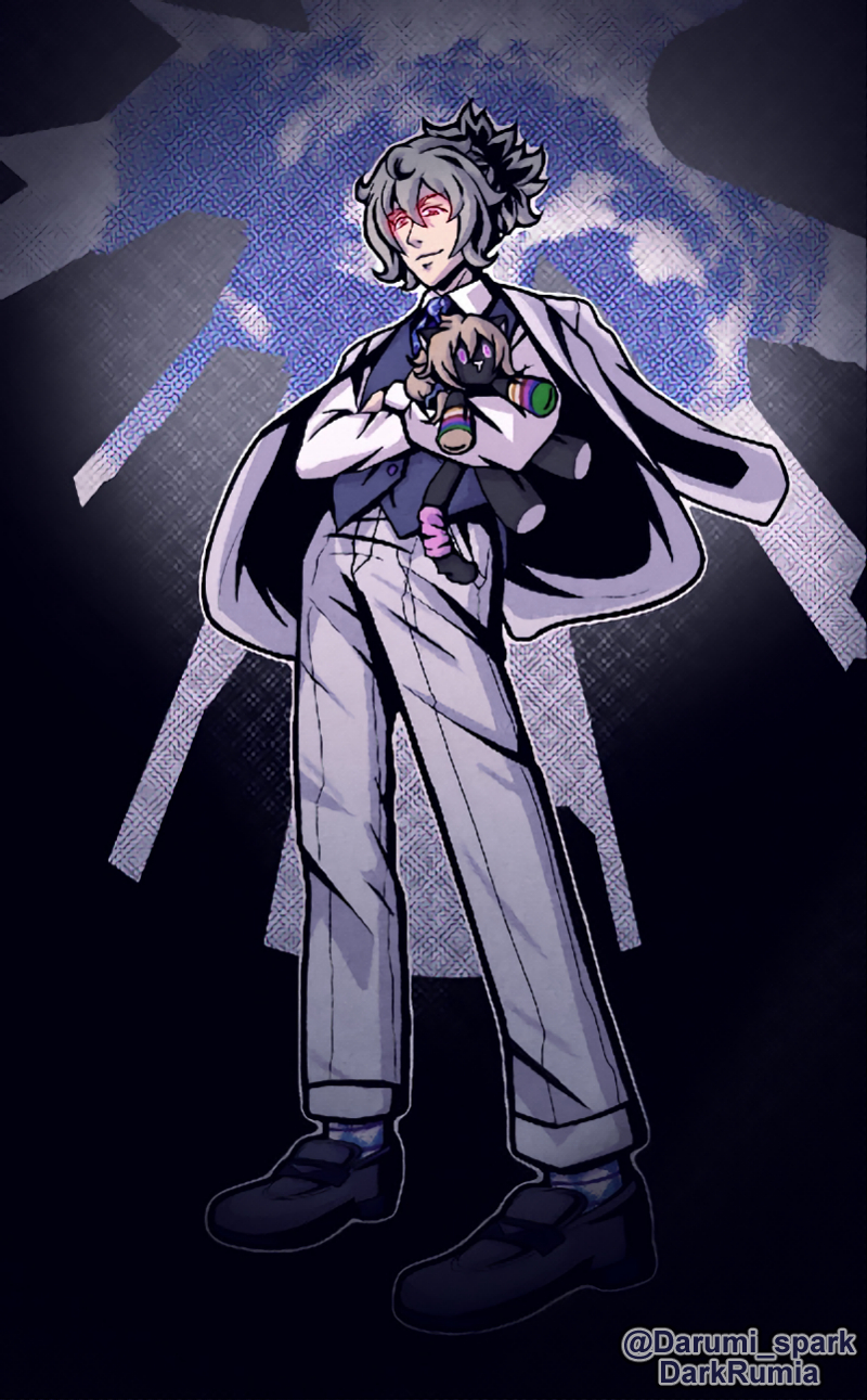 Digital art of my OC, Mother, by Rumia and edited by me to include the artist's name. She's drawn from a low angle, arms crossed, eyes glowing, holding an innocent Mr. Mew dressed like Father.