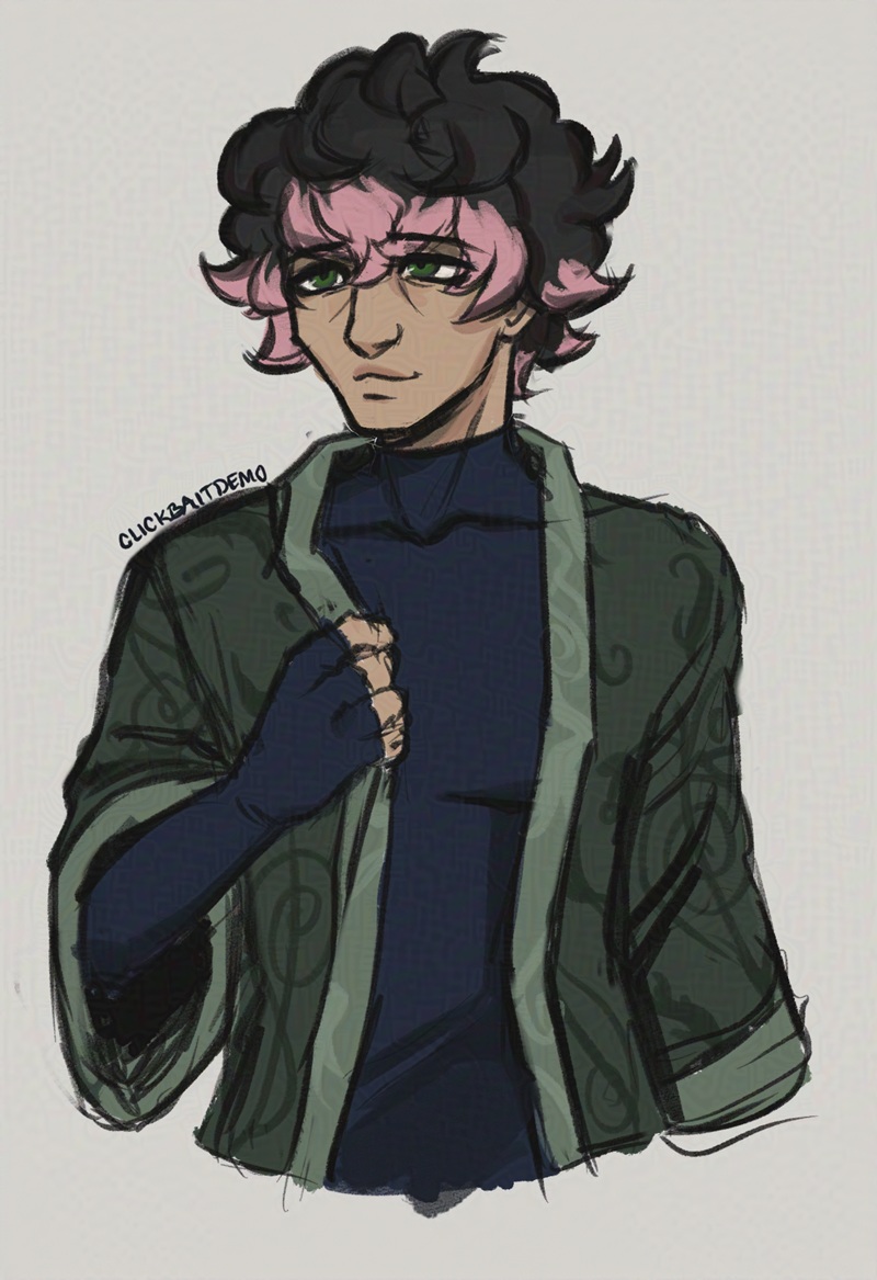 Digital art of my OC, Null, drawn by ClickBaitDemo. They are holding onto their coat with one hand and are looking off to the side.