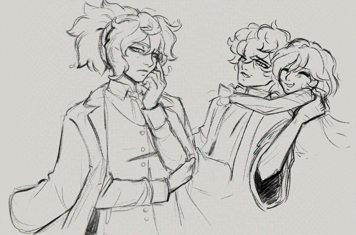 Digital art sketches of my OCs, Mother, Null and Chisa, by ClickBaitDemo. Mother looks tired and has on hand raised to the side of her face, the elbow supported by her other hand. Chisa gives Null a hug from behind, and Null reaches a hand back to Chisa's shoulder.