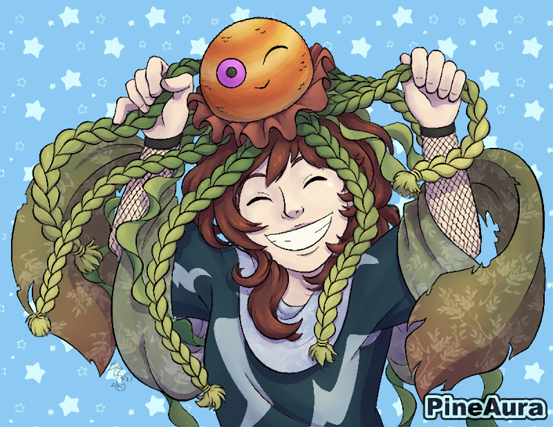 Digital art of my OC, Chisa, by PineAura. She's smiling and has her Father styled jellyfish crochet doll on her head, winking.