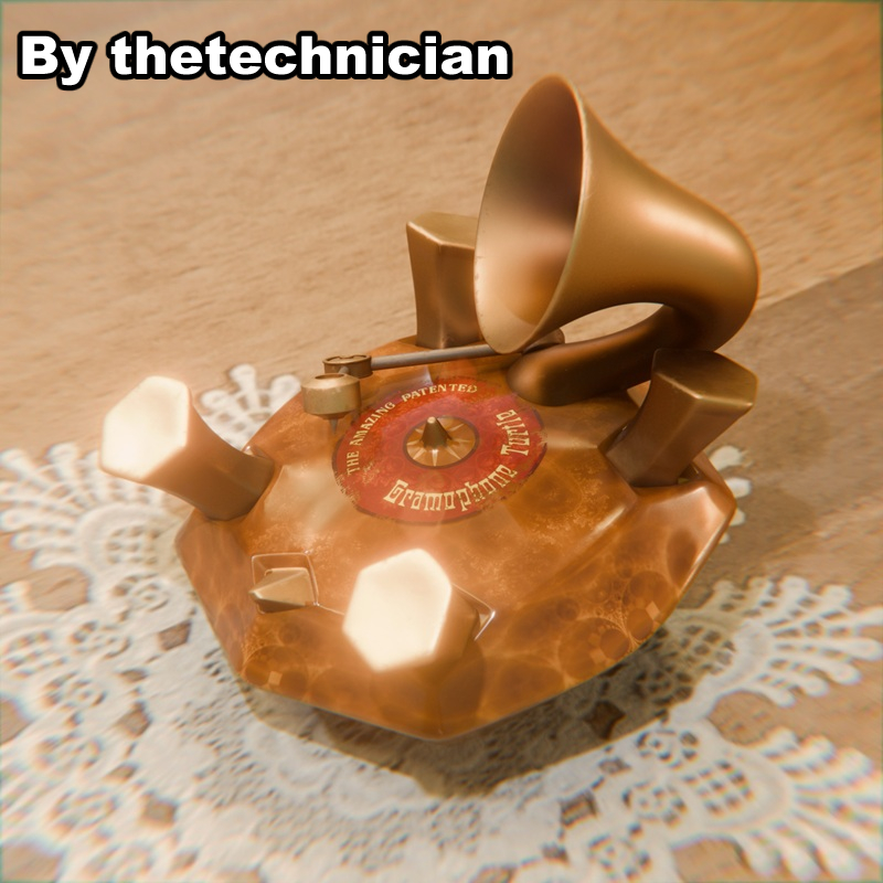 A still image of a 3D render of a gramophone turtle on its back, by the technician.