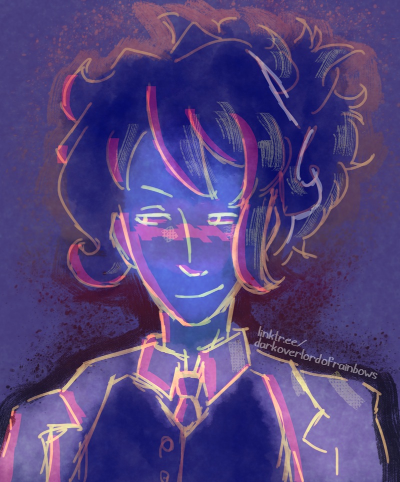 Digital art of Mother by DarkOverlordofRainbows. She is drawn in dark blues and purples, with outlines of light yellow and sharp pink edges.