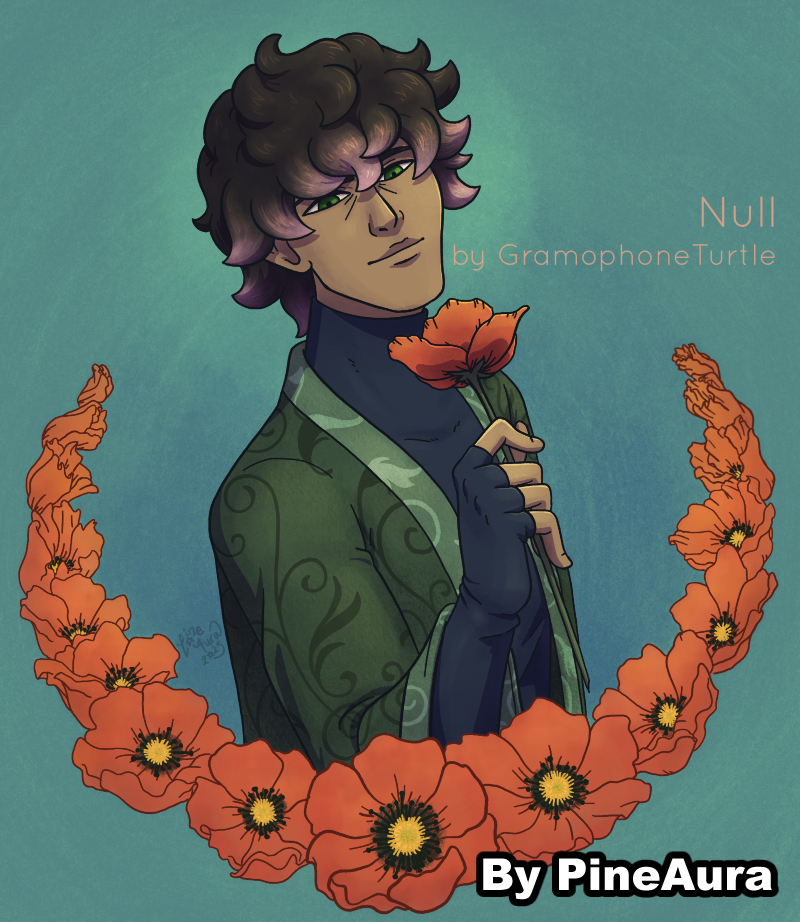 Digital art of my OC Null drawn by PineAura, holding a poppy flower. Their waist is cut off by a semi-circle of poppies.