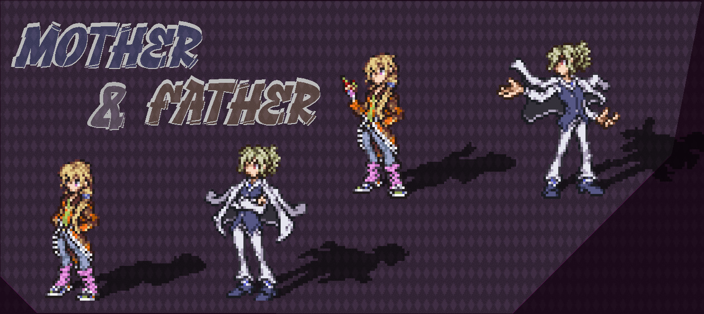 Splash card of a commission of my OCs Father and Mother as The World Ends With You styled pixel sprites by WaterPixelArt. The text in the top left says 