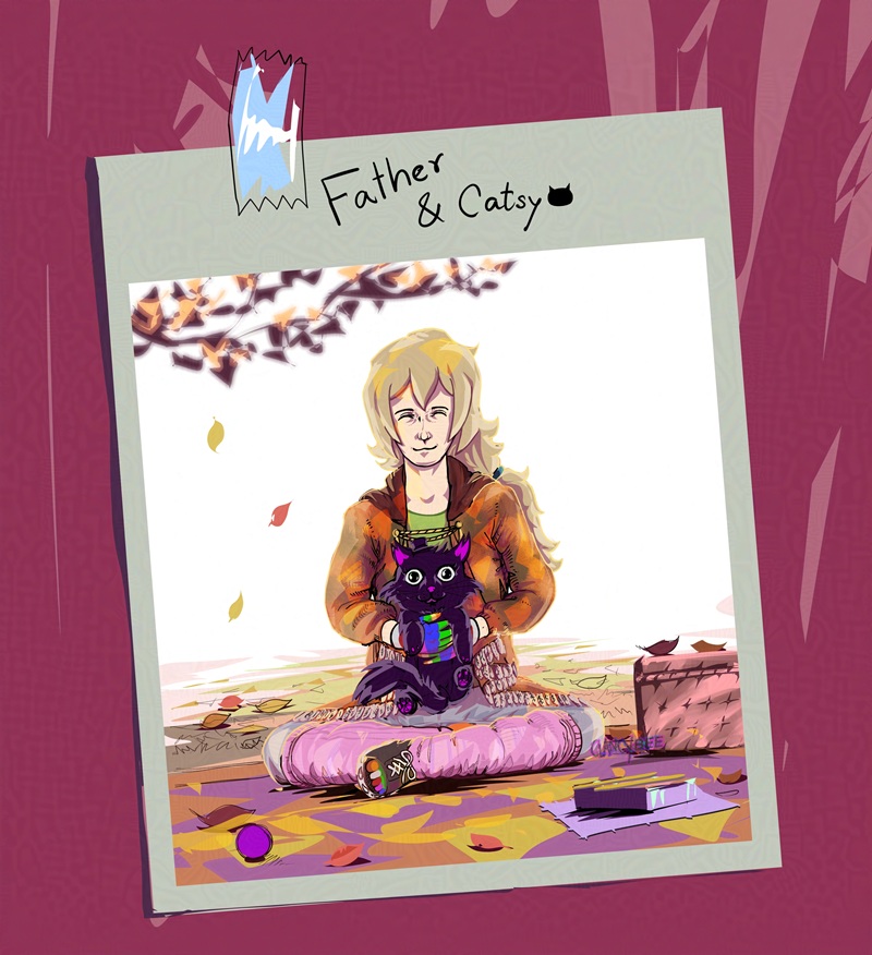 Digital art by ClancyBee of my OC Father holding Catsy outside on a picnic blanket on an autumn day.