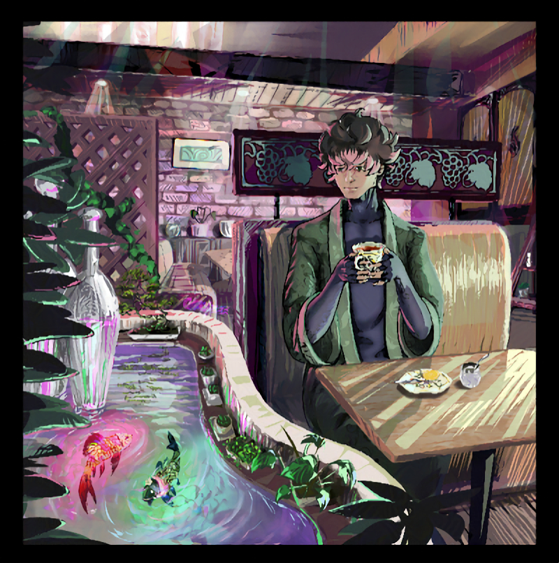Digital art by ClancyBee of my OC Null in a coffeehouse inspired by Den'en in Japan. They're sitting and drinking black tea, looking down at two glowing koi fish in the pond.