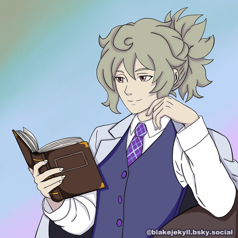 Digital art of my OC, Mother, drawn by BlakeJekyll, edited by me to add their Bluesky handle in the bottom right corner. Mother leans against a brown armchair or ledge as she reads a brown cover book. She's smiling.