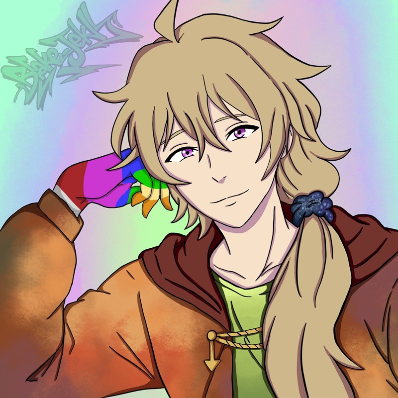 Digital art of my OC Father drawn by Blake_Jekyll. He's leaning to the side and resting his head on his hand, smiling.