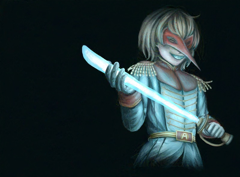 Art of Crow from Persona 5, holding his light saber sword up and resting in his left hand. He's smiling widely.