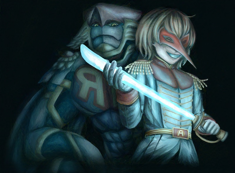 Art of Crow from Persona 5, holding his light saber sword up and resting in his left hand. He's smiling widely with his Robin Hood Persona behind him and crouched down, looking downwards.