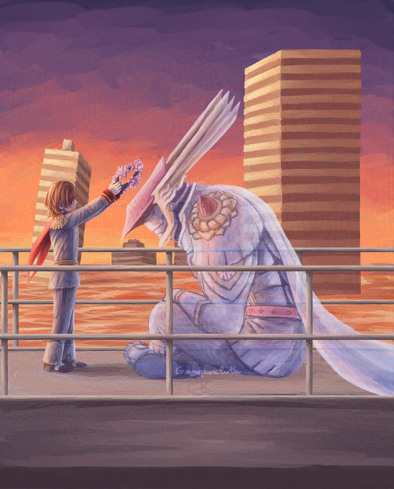 Art of Goro Akechi giving Robin Hood a crown of lotus flowers on a ship, surrounded by city buildings.