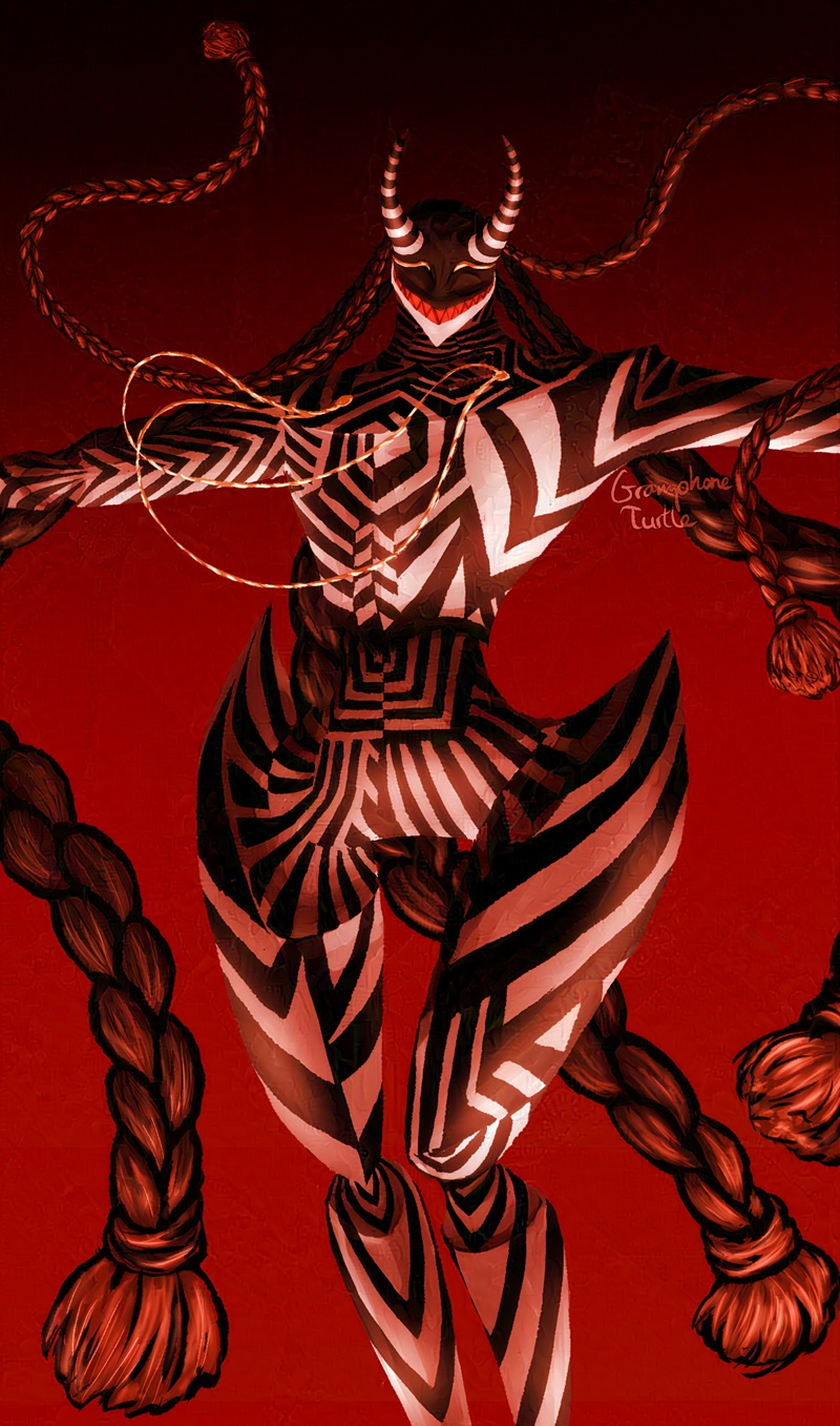 Art of Loki from Persona 5 from the ankles up and his arms spread wide. Loki is a human and geometric shaped being with a chaotic black and white stripe pattern over his body, two horns coming out of his eyes, and many braided black and red strands. 