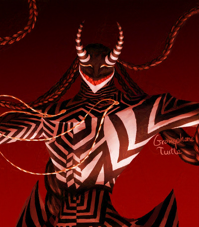 Art of Loki from Persona 5 from the waist up and his arms spread wide. Loki is a human and geometric shaped being with a chaotic black and white stripe pattern over his body, two horns coming out of his eyes, and many braided black and red strands. 