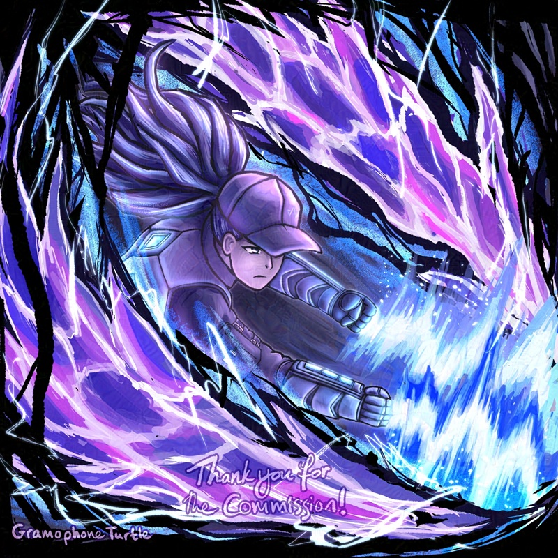 Digital art of Rose from Library of Ruina using the attack Rip Space. She swings her dual glove weapons downwards to the bottom right corner, with luminous zigzag blades coming off from the gloves creating purple-blue rifts in space. The space rifts destroy the black borders surrounding the artwork. At the bottom it says "Thank you for the Commission" and is signed by "Gramophone Turtle".