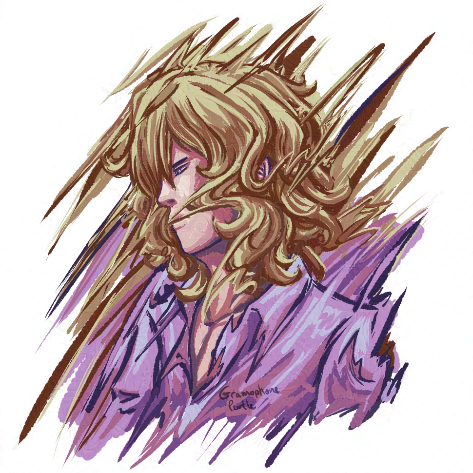 Art of older Joshua from The World Ends With You, body more warped and mixing with the background.