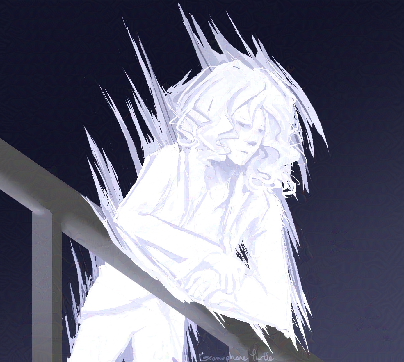 Art of Composer Joshua looking down from a high building's railing.