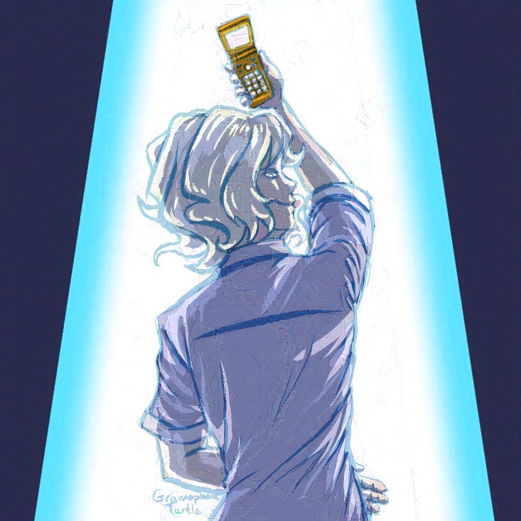 Art of Joshua from The World Ends With You looking backwards with his phone raised up over his head. There is a beam of light coming down from above as his phone lights up.
