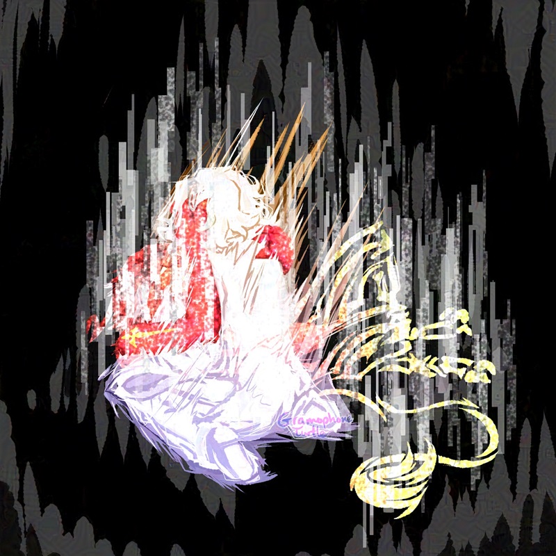 Digital art of Joshua holding Hanekoma from The World Ends WIth You. Joshua in his Composer form is holding a fading red half of the Panthera Cantus. The Composer is gradient colored from yellow to purple.