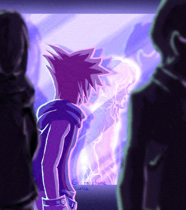 Close up of Neku seeing Joshua's reflection in a crowd from The World Ends With You. Joshua is not in the crowd of people, only in the reflection of the shop window.