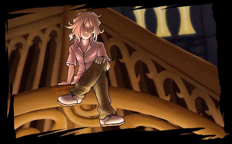 Digital Art of a redraw of Joshua from the World Ends with You from the Kingdom Hearts Dream Drop Distance game, smugly sitting on a beam and looking down.