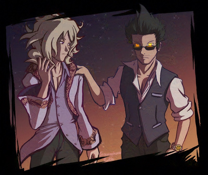 Yoshiya Joshua Kiryu and Sanae Hanekoma from The World Ends With You at sunset. Joshua is mid gesture when Hanekoma places a hand on his shoulder, gently pulling him back. Hanekoma looks dead ahead with a serious and slightly displeased expression. His eyes and writstwatch glow yellow-orange and the top of his hair goes over the top border.