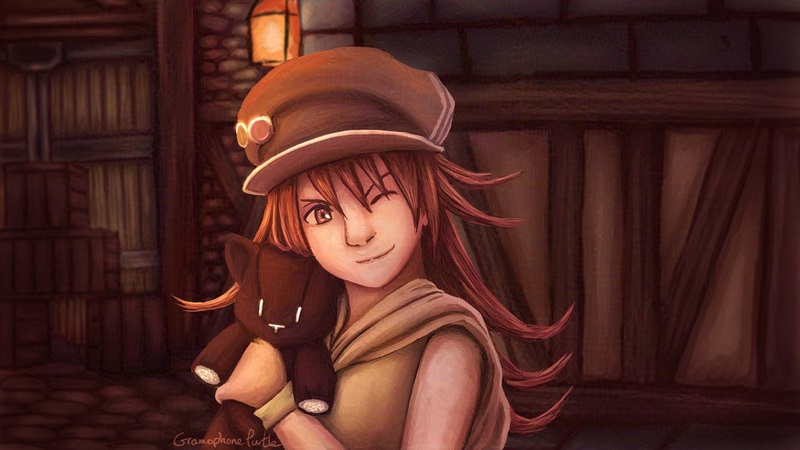 Digital art of Shiki Misaki from the World Ends with You from the Kingdom Hearts Dream Drop Distance, smiling and winking and holding a black cat plushie.