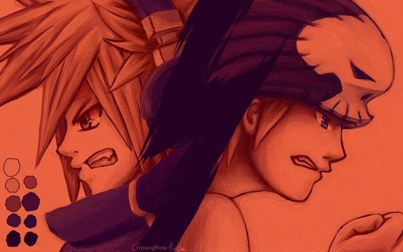 Digital art of Neku and Beat from The World Ends With You drawn in an orange based colour theme. Neku is running to the left and Beat is running to the right.