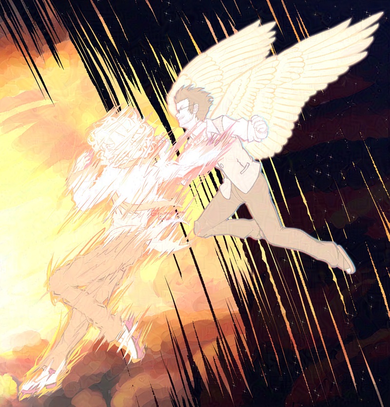 Digital art of Joshua and Sanae Hanekoma from The World Ends With You as they dive from a starry night sky into a sunny sky. Joshua is glowing and has his human self deform and Hanekoma is glowing bright with angel wings.