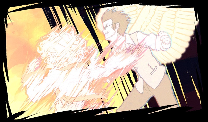 A bordered and close up version of Joshua and Sanae Hanekoma from The World Ends With You as they dive from a starry night sky into a sunny sky. Joshua is glowing and has his human self deform and Hanekoma is glowing bright with angel wings.