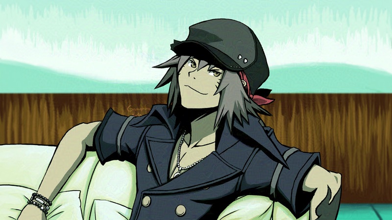 Digital art of Sho Minamimoto from The World Ends With You sitting on a couch, leaning back and smiling.