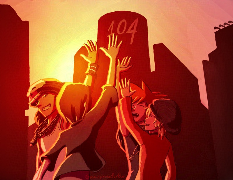 Digital art of a group of people giving a high five. Neku Sakuraba, Shiki Misaki, Beat Bito and Rhyme Bito are celebrating in front of The World Ends With You's 104 building during a sunset.