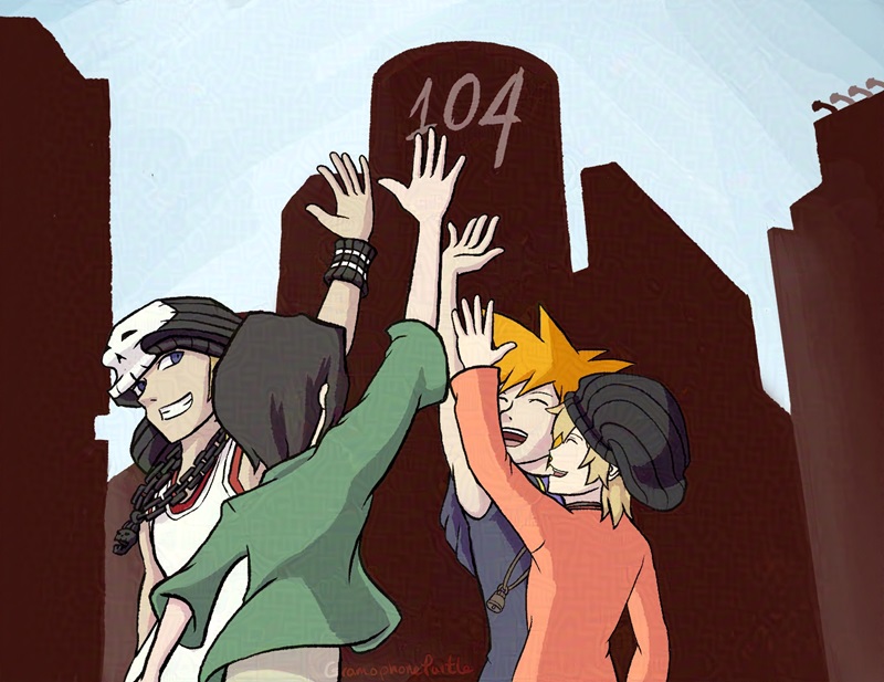 Digital art of a group of people giving a high five. Neku Sakuraba, Shiki Misaki, Beat Bito and Rhyme Bito are celebrating in front of The World Ends With You's 104 building during daytime.