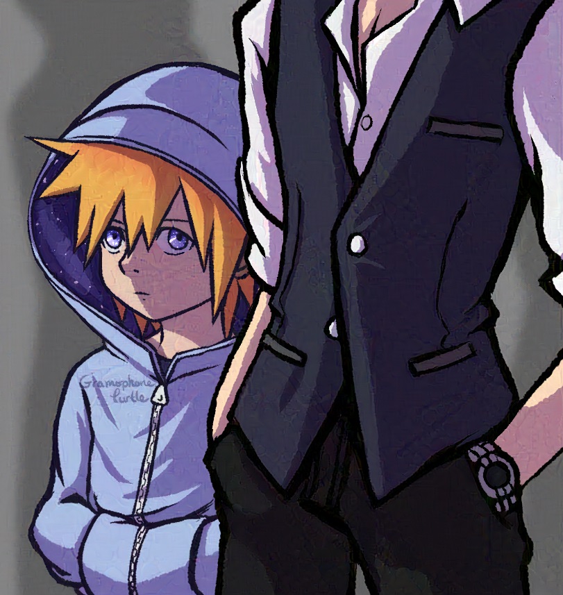 Art of Neku Sakuraba and Sanae Hanekoma from The World Ends With You. Neku appears as a child in a starry lined hoodie, standing next to Hanekoma.