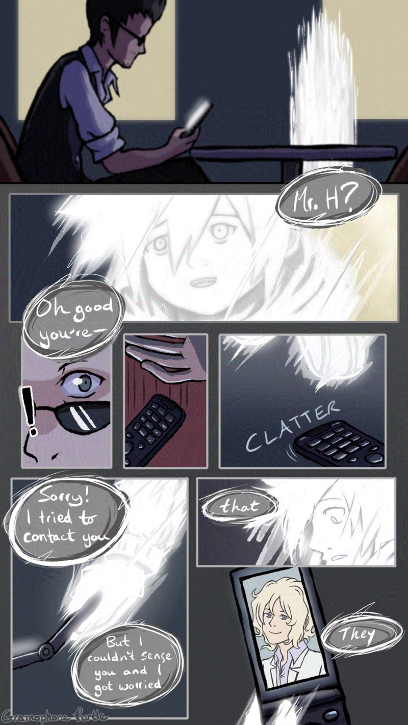 Comic of Composer Neku appearing in front of Hanekoma, startling him and he drops his phone. Neku picks it up and sees a photo of Joshua. 