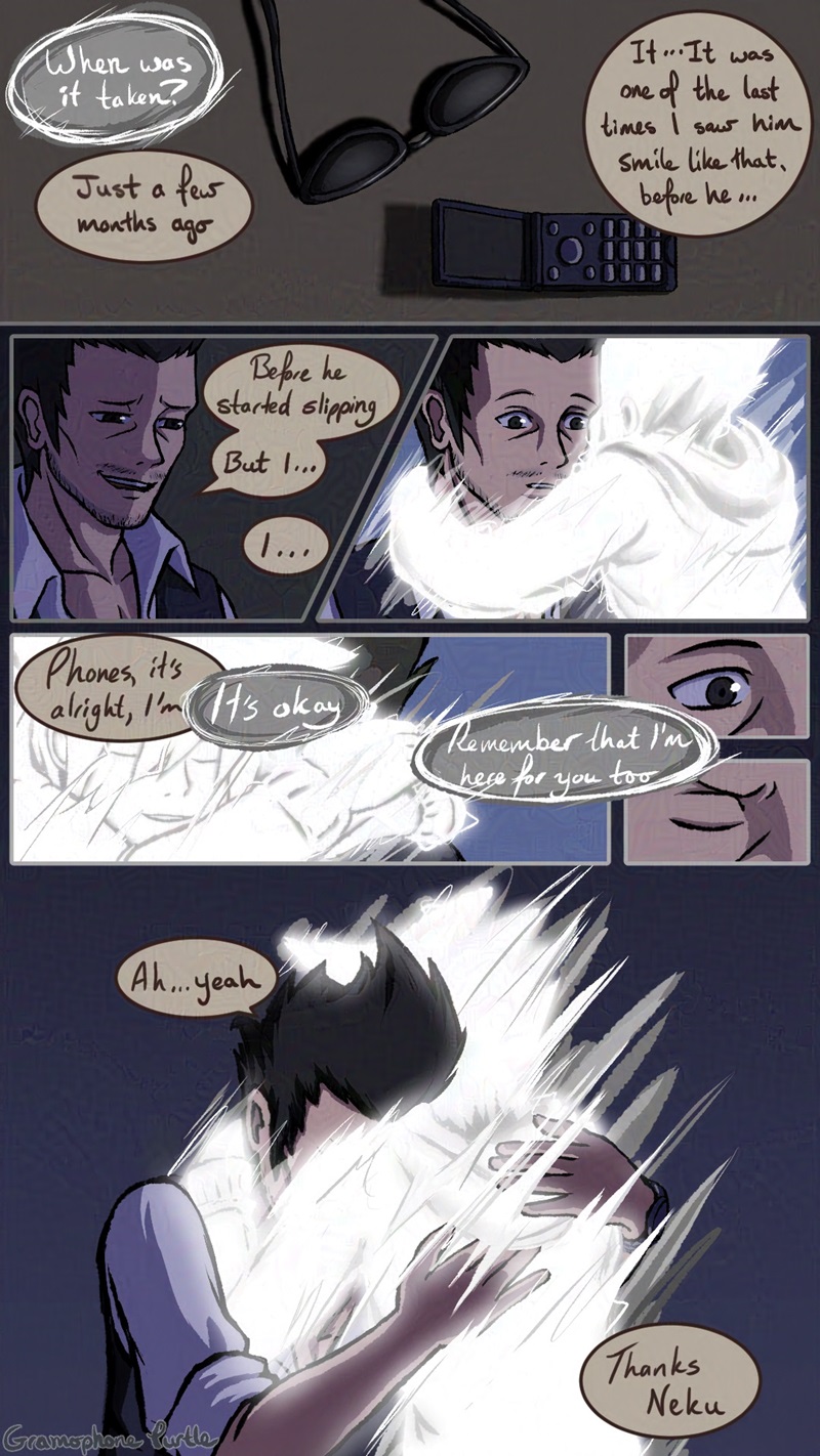 Comic of Neku giving Hanekoma a hug. Hanekoma returns it, thanking him.