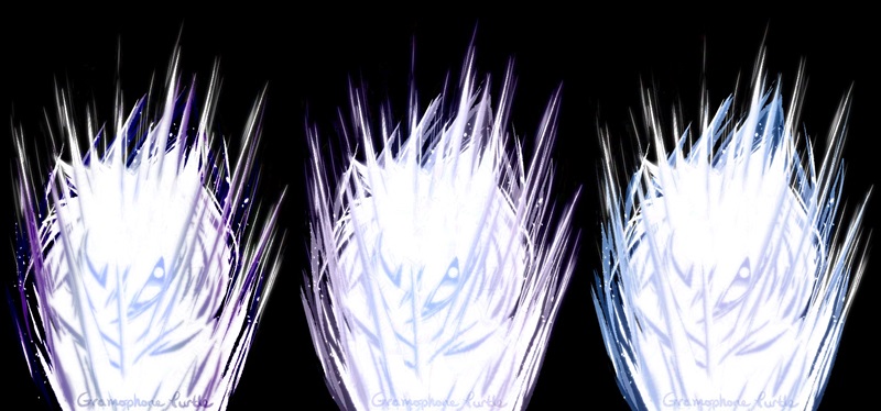 Art of 3 Composer Nekus with his bright form turning very spiky with sparkles. The left one is a bight purple-blue vivid colour. The middle is a less purple-blue colour. The right most one is more blue.