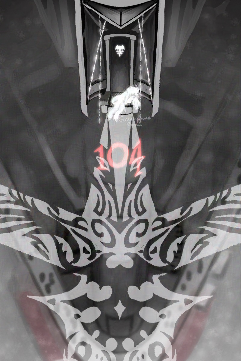 Zoomed in art of the Composer sitting slumped over on his throne in the Room of Reckoning.  TWEWY's Shibuya's 104 crossing can be seen through the floor.