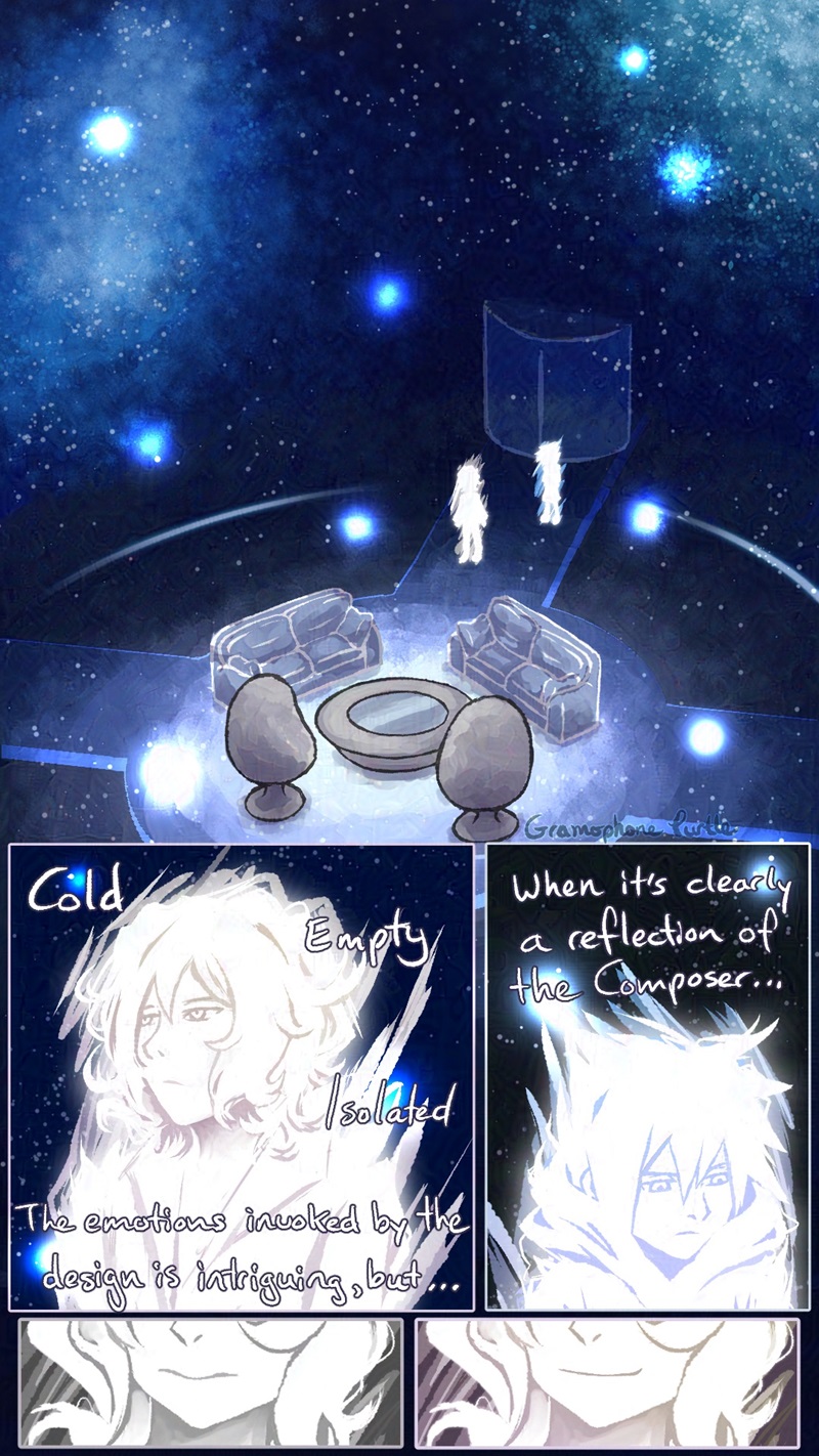 Comic page 1 of 3 of Composer Neku showing a parallel world Joshua his space themed Dead God's Pad from the Composer Neku AU. Joshua's thoughts: "Cold, empty, isolated. The emotions invoked by the design is intriguing, but... When it's clearly a reflection of the Composer..."