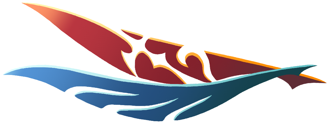 Digital art of two abstract red and blue feathers from The World Ends With You. The Red feather has got a sharp and pointy tip, with one long straight edge along one side, and then one smooth curved edge the other side. In the widest part of the feather splits it into two.