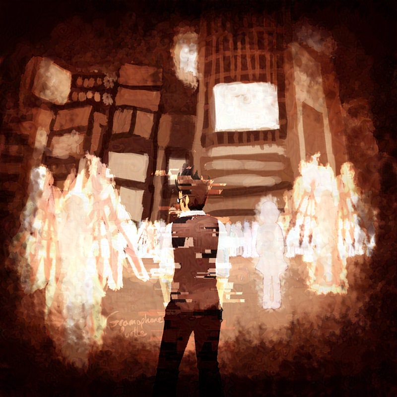 Digital art of Sanae Hanekoma from The World Ends With You standing in Shibuya's Scramble Crossing. The man it glitching out and is surrounded by glowing human beings. Some have Reaper wings and some do not.