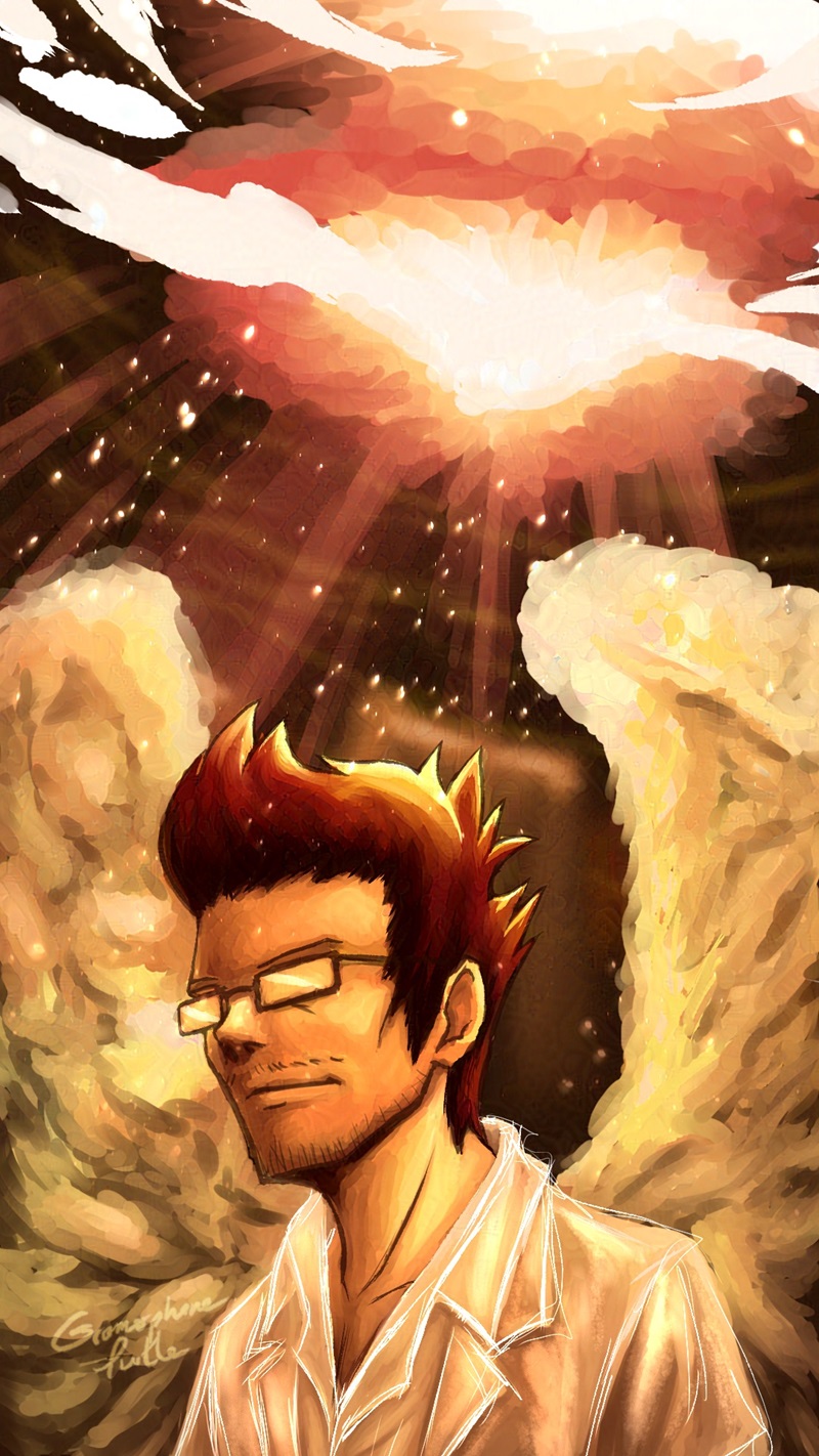 Digital Art of Sanae Hanekoma from The World Ends With You wearing a shiny white dress shirt and labcoat with cloud like wings. Light comes down from above, almost looking like it's coming from above a water's surface, as if he's underwater.