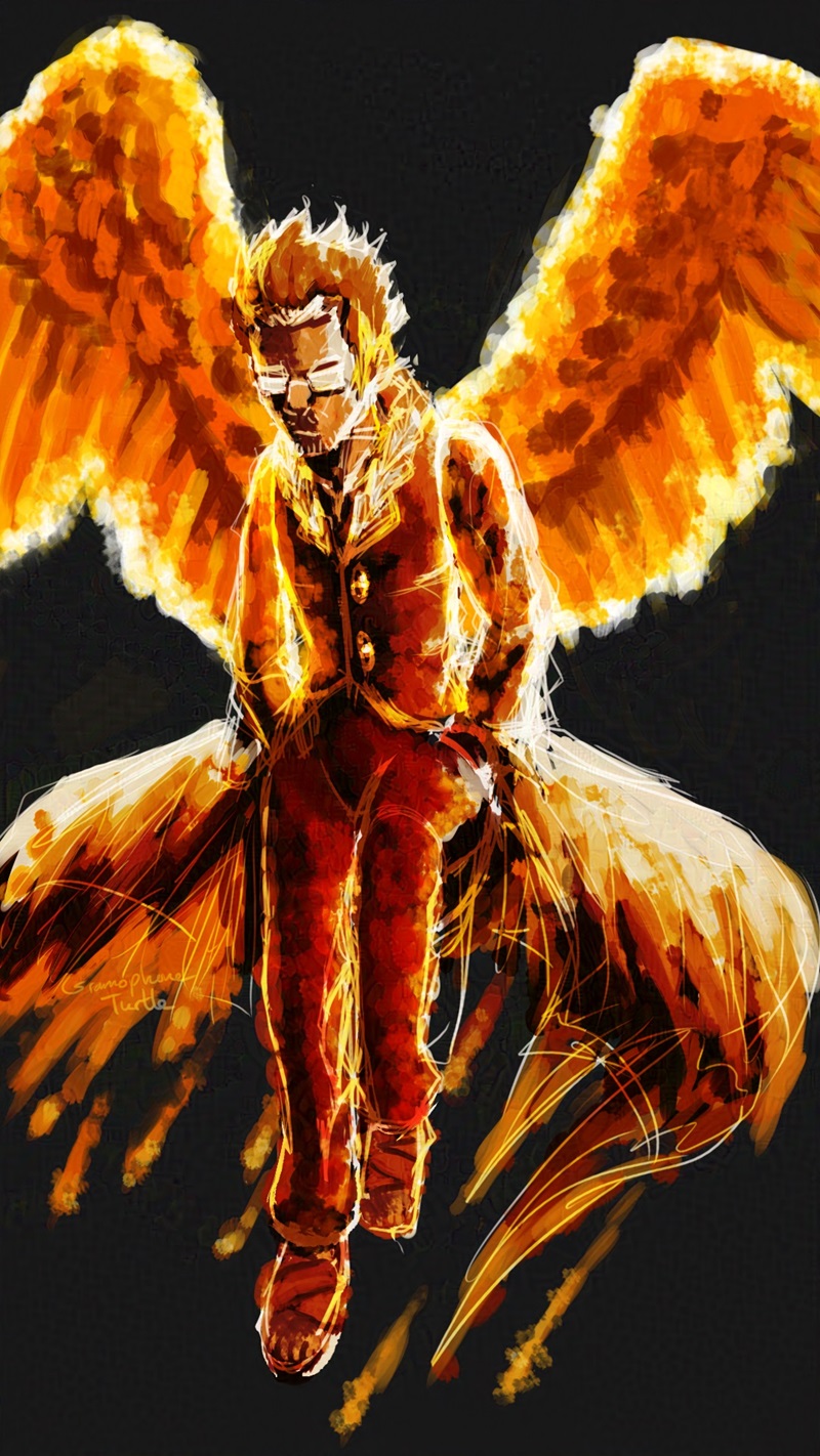 Digital art of Sanae Hanekoma from The World Ends With You drawn in a warm and fiery coloured style. His wings have soft and undefined edges and his long coat breaks off into falling pieces.
