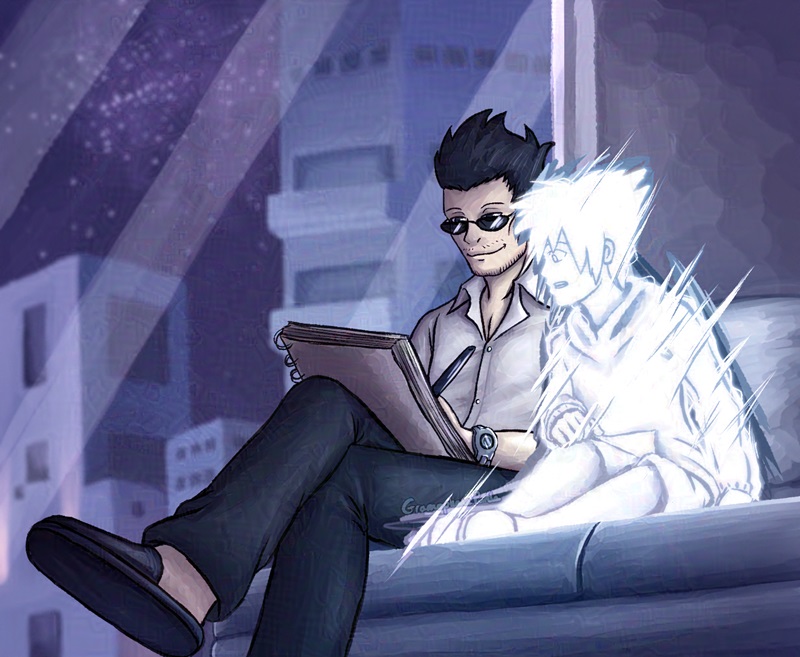 Art of Composer Neku watching in amazement as Sanae Hanekoma draws happily while they sit on a couch at night.